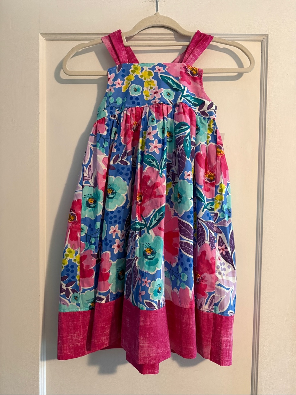 NWT Handmade Girls Tropical Floral Cotton Bow Dress Pink 6 Years
